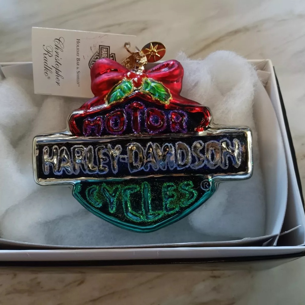 NIB-Rare Christopher Radko Harley-Davidson Bar & Shield Christmas Ornament